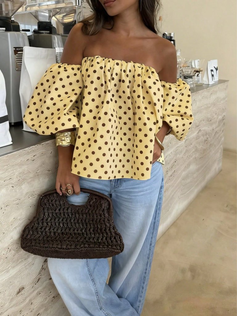 Yellow Casual Women's Polka Dot Pleated Off-Shoulder Top